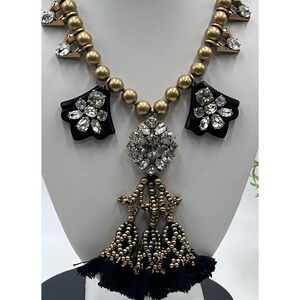 J. Crew Brushed Gold Tone Black Tassel Rhinestone Long Necklace